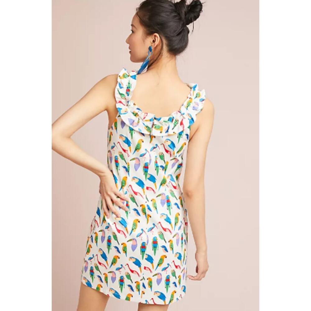 Larke Anthropologie sleeveless shift dress colorful parrots birds ruffle neck XS - Picture 2 of 9